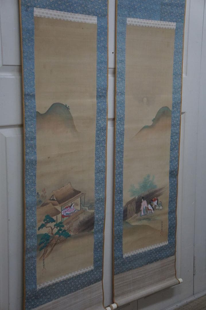 2幅 土佐光起 石山寺観月図 平安人物図 土佐家中興の祖 肉筆 落款 掛け軸