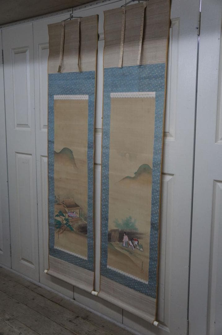 2幅 土佐光起 石山寺観月図 平安人物図 土佐家中興の祖 肉筆 落款 掛け軸