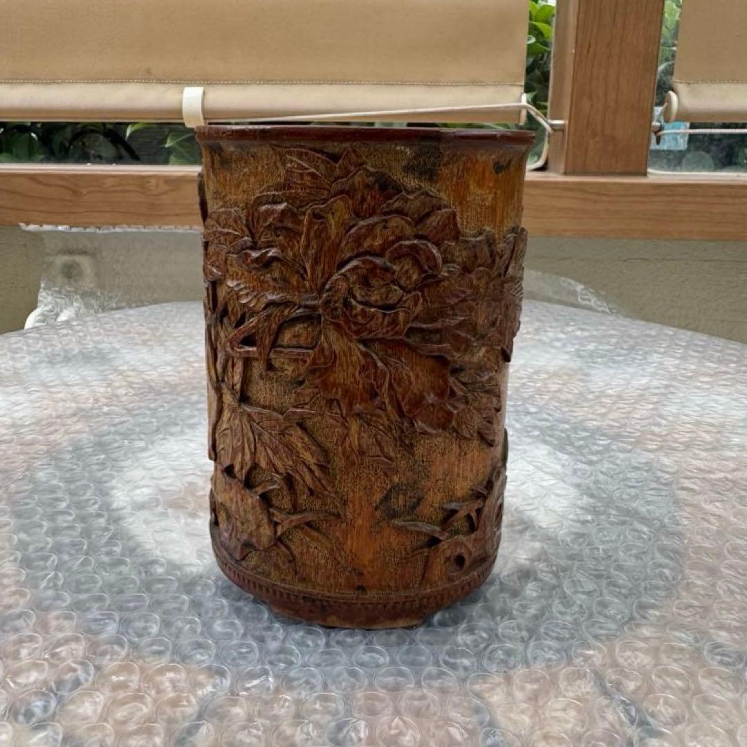 中国美術　竹製彫刻　筆立　筆筒　置物　骨董