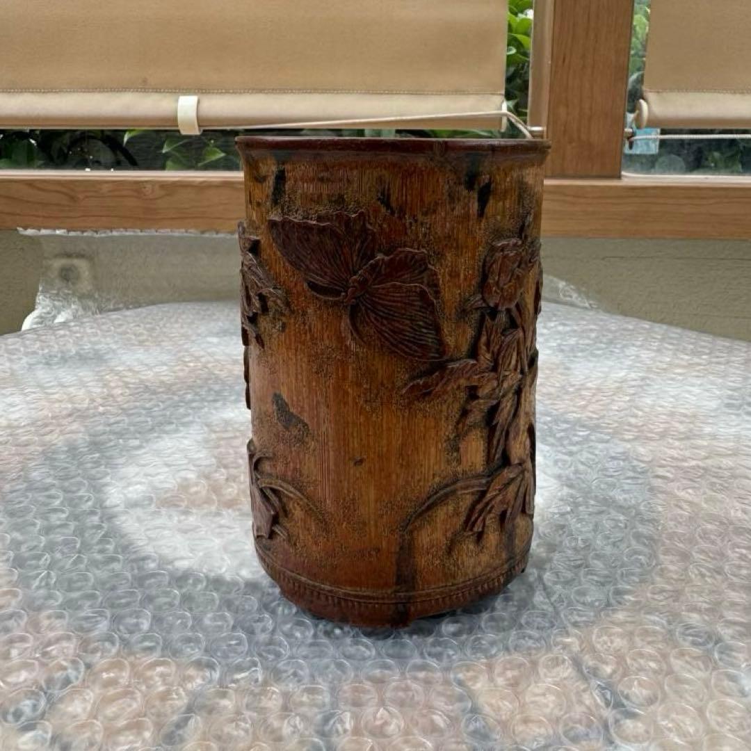 中国美術　竹製彫刻　筆立　筆筒　置物　骨董