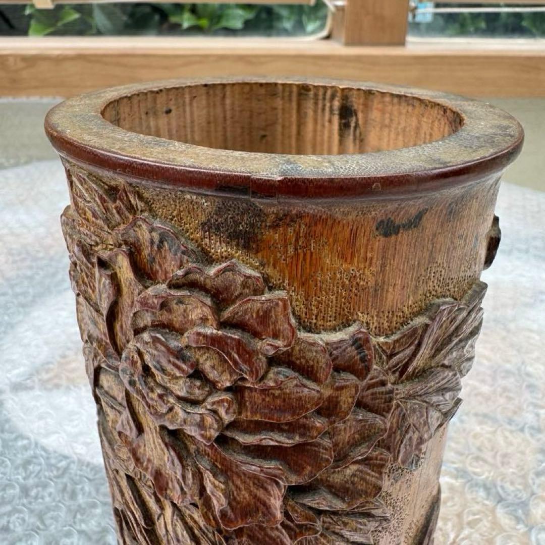 中国美術　竹製彫刻　筆立　筆筒　置物　骨董