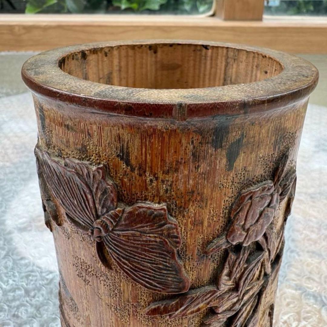 中国美術　竹製彫刻　筆立　筆筒　置物　骨董