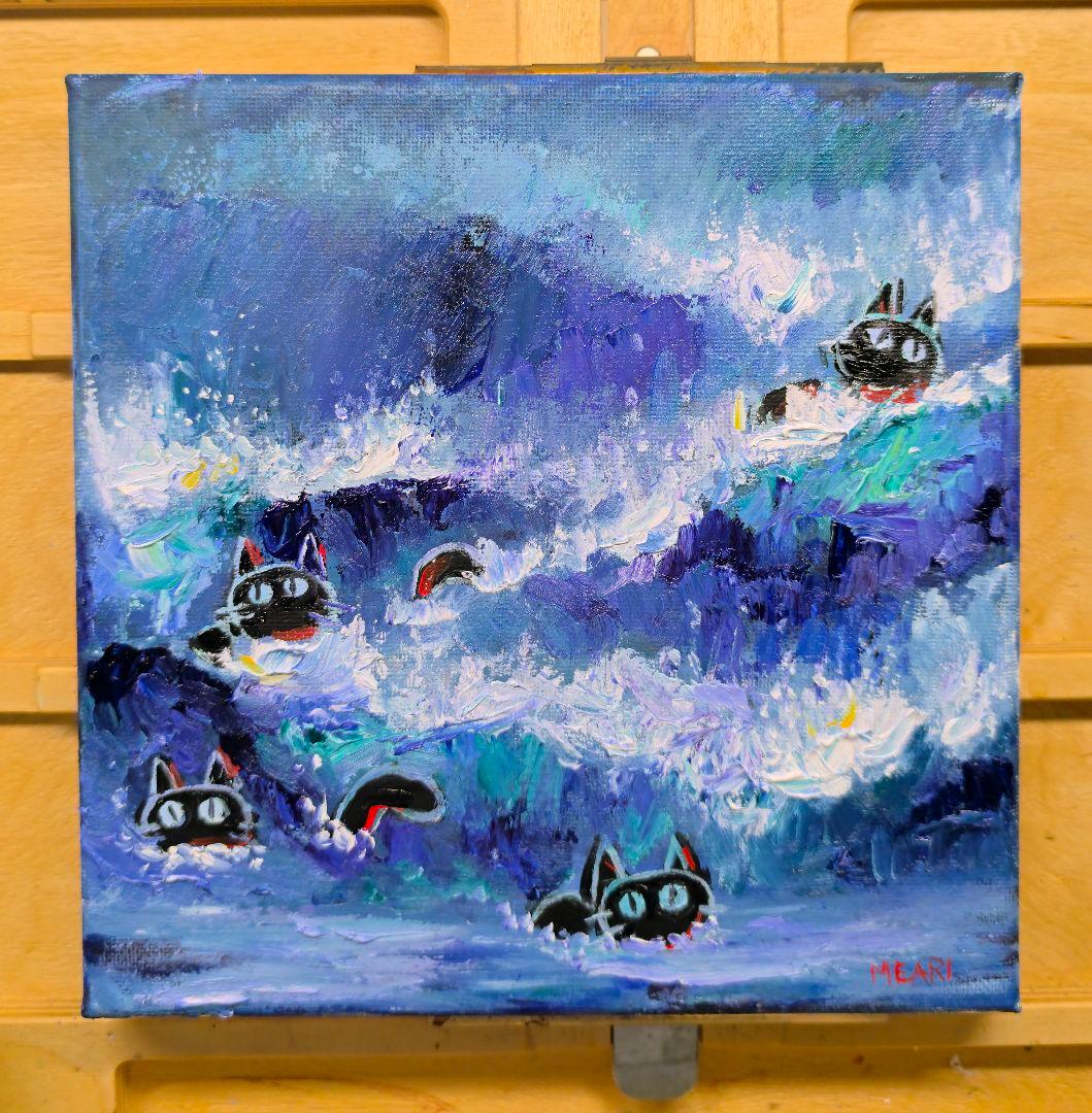 「波猫」　油絵　真作　原画　絵画　手描き