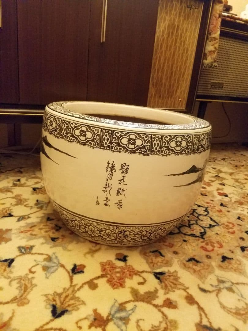 特大 火鉢 黒染付 骨董品 陶器 ガーデニング 金魚鉢 メダカ 水槽