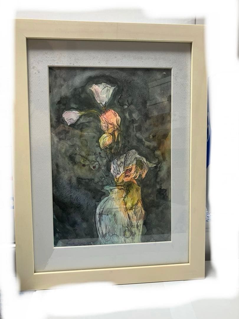 水彩画 花瓶と花 フレーム付きオフホワイトフレーム　アートインテリア