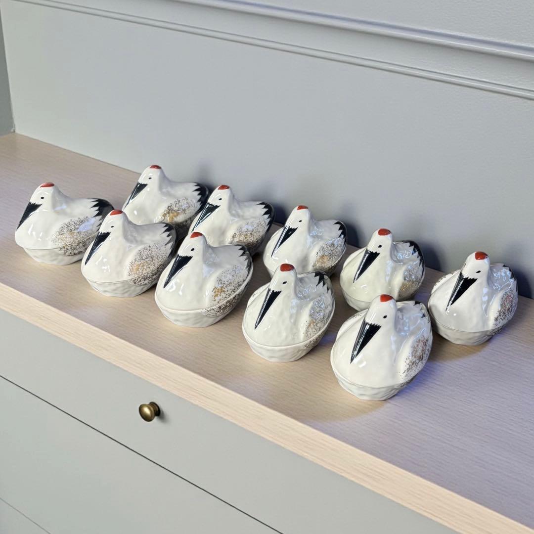 [10客セット] 松斎 色絵 金彩 鶴形 蓋物 向付 古美術 割烹 懐石料理