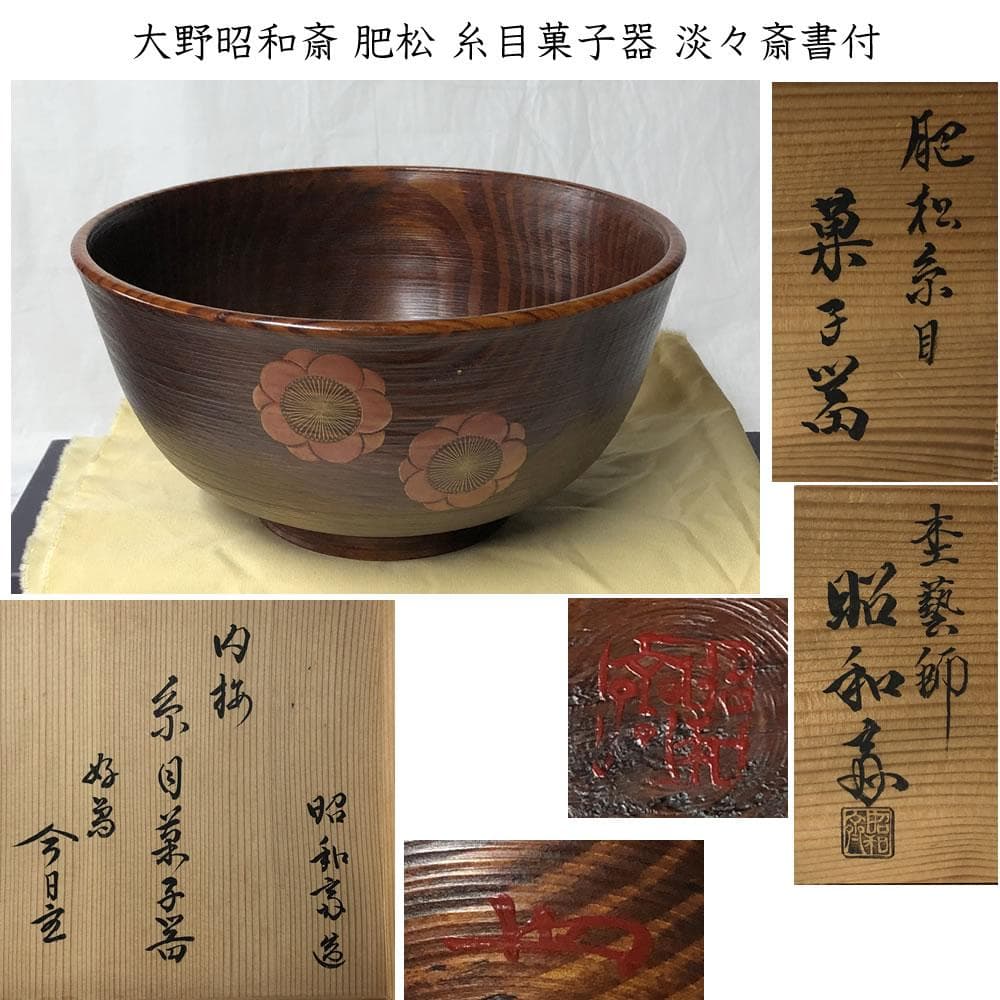 F1090 大野昭和斎 肥松 糸目 菓子器 共箱 梅文 淡々斎 書付 茶道具