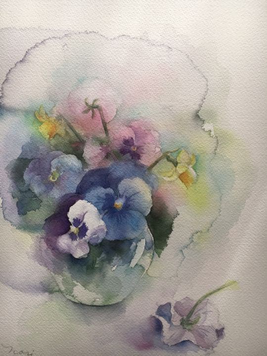 透明水彩画原画、可愛いパンジーB