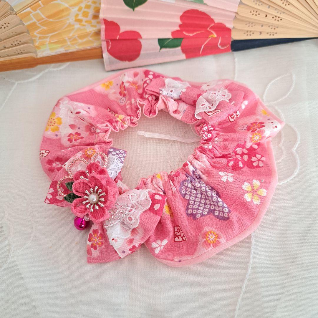 marin☆、幅広シュシュ和風つまみ細工(ピンク)わんちゃん猫ちゃん用