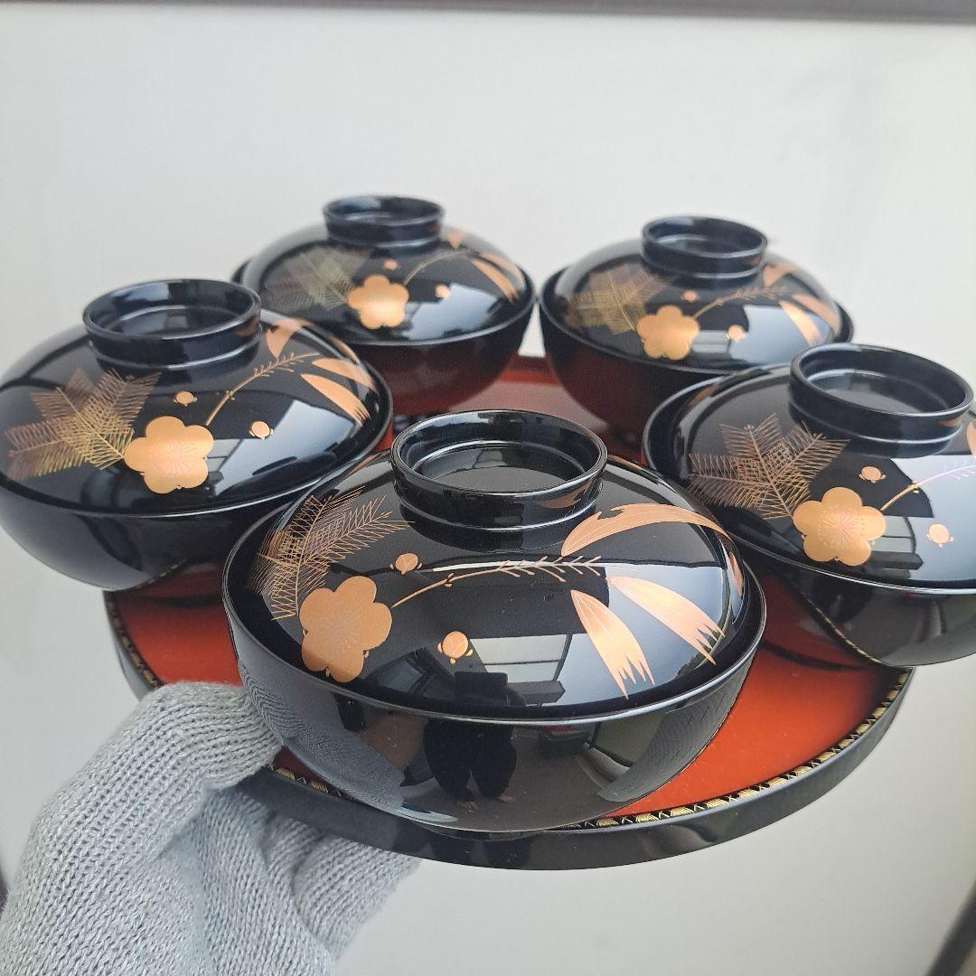 【越前\"河和田漆器　松竹梅\"蒔絵御吸物椀×5客】天然木製　祖雅堂　未使用/長期