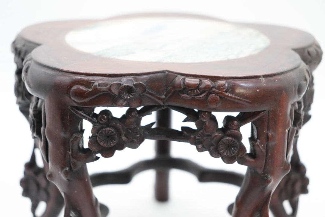 中国　梅彫　大理石嵌唐木花台　茶道具　送料込み260113