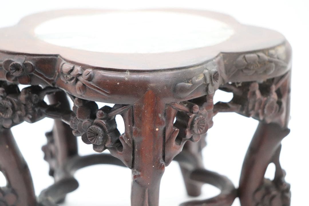 中国　梅彫　大理石嵌唐木花台　茶道具　送料込み260113