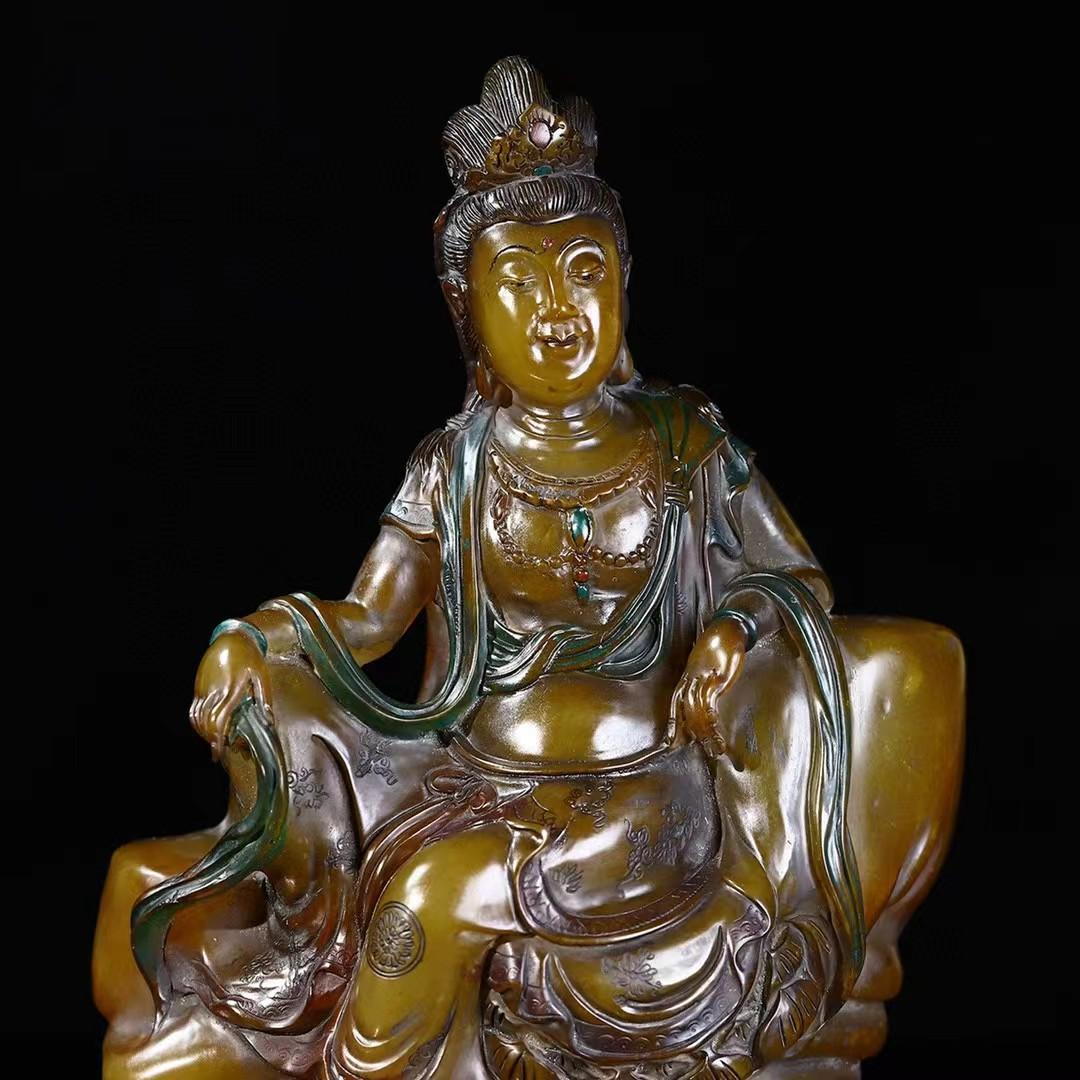 中国古美術・旧蔵寿山石田黄【観音赐福】像飾り・観音仏像 ・箱付・手彫り・聚財置物