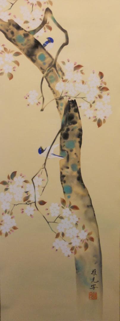 掛け軸 永縄雅光 桜に大瑠璃 絹本 希少 軸装 茶道具 掛軸 美品 です。