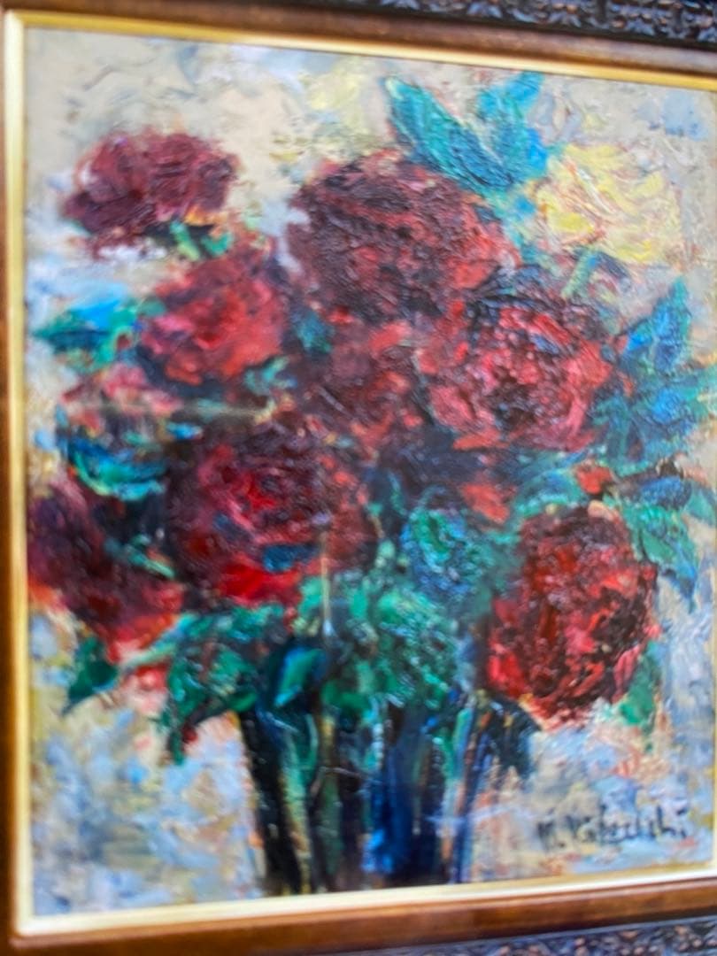 菊地正則　「ばら」(黒真珠 )を描いた油彩画　油絵パリ真作ゴージャス　美しい青！