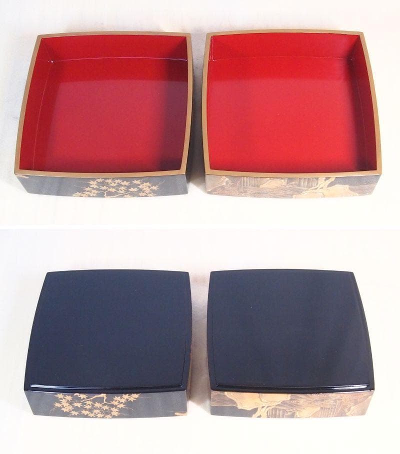 【最高級・極美品】輪島塗 漆芸/堀忠 山水蒔絵 四段重箱 台付き お重/弁当箱