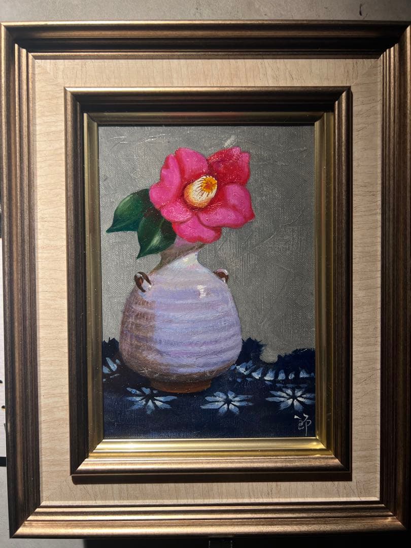 伊勢崎節子【赤い椿と萩焼】肉質画　油彩画