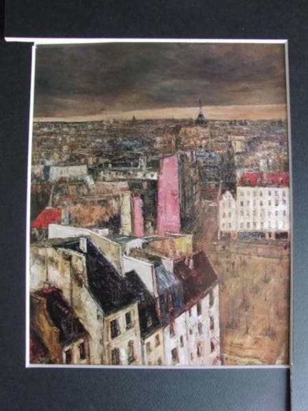 浮田克躬、冬空のパリ、希少画集画、新品額装付、状態良好