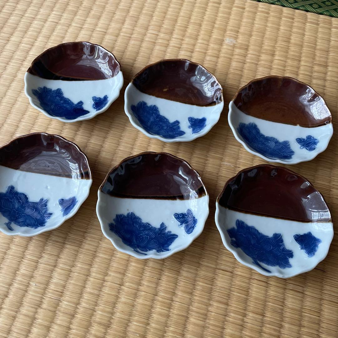 掛分け蝶牡丹紋 小皿　6客　吸坂　染付　豆皿　八寸にも