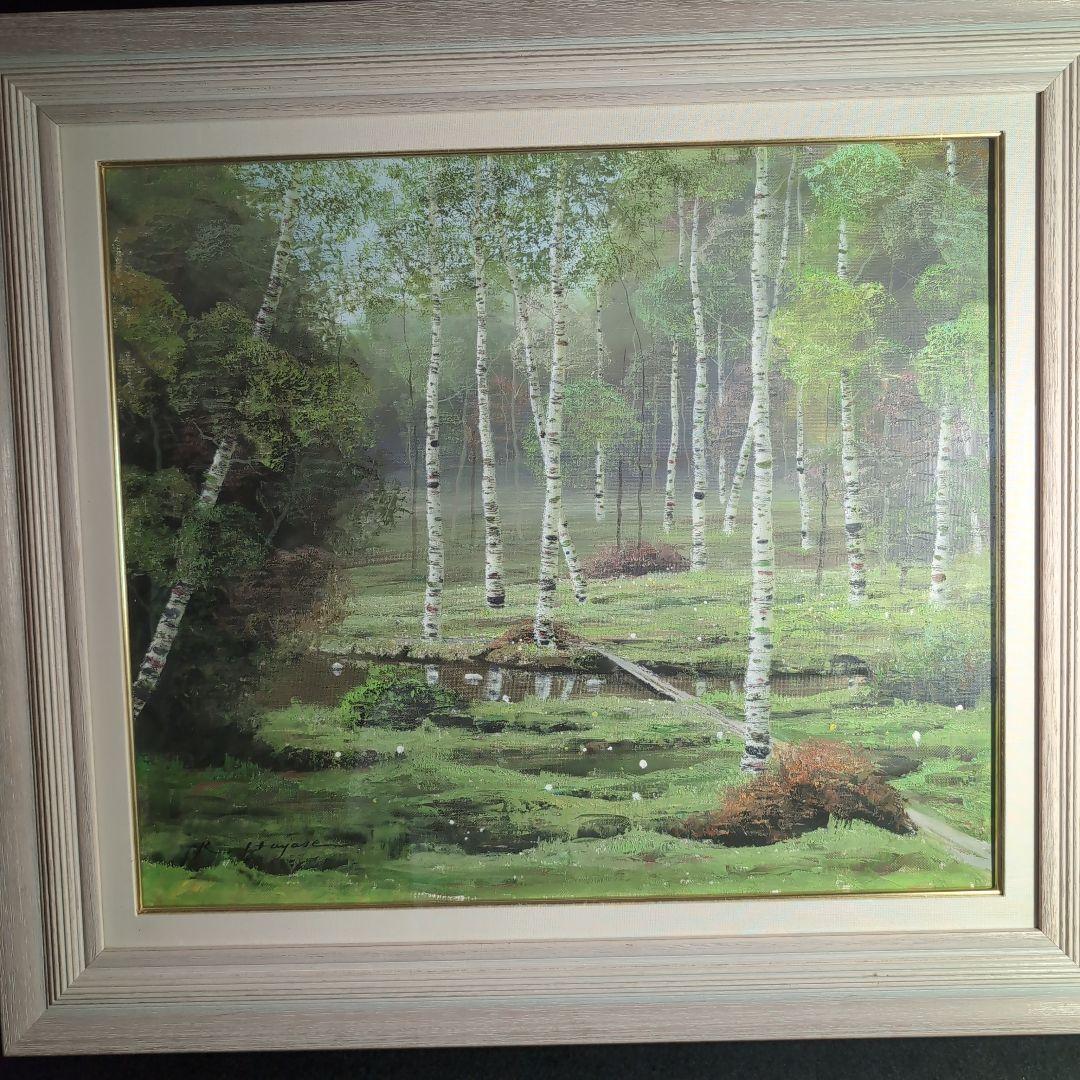 【油彩画】早瀬遼　作　白樺林　肉筆画　F10 新緑美しく春〜夏に運気向上する作