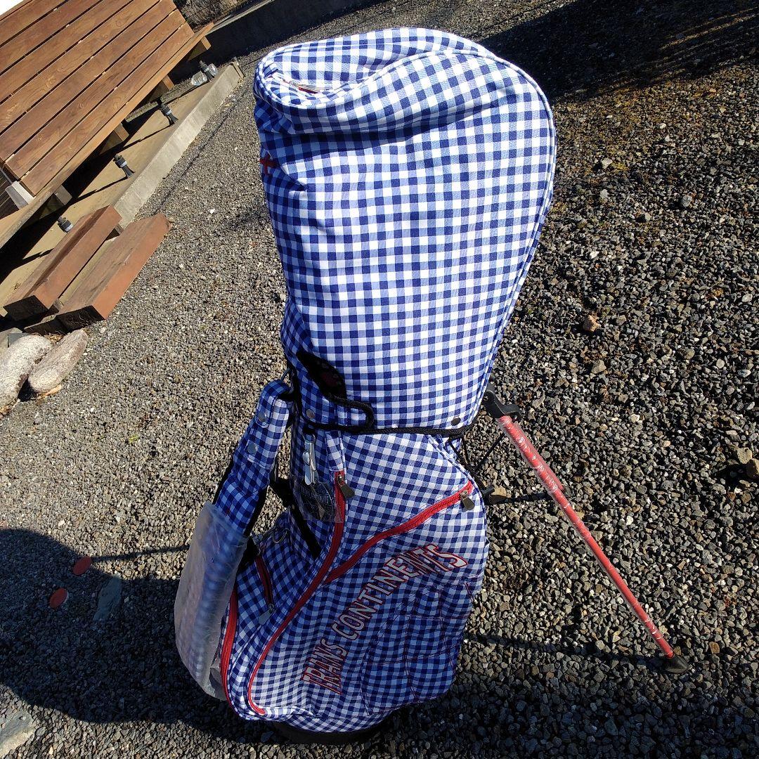 トランスコンチネンツ　キャディバッグ　スタンド式　チェック　青✕赤　中古