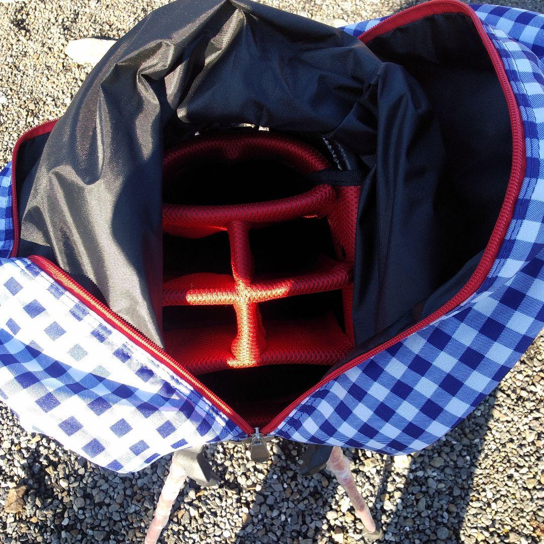 トランスコンチネンツ　キャディバッグ　スタンド式　チェック　青✕赤　中古