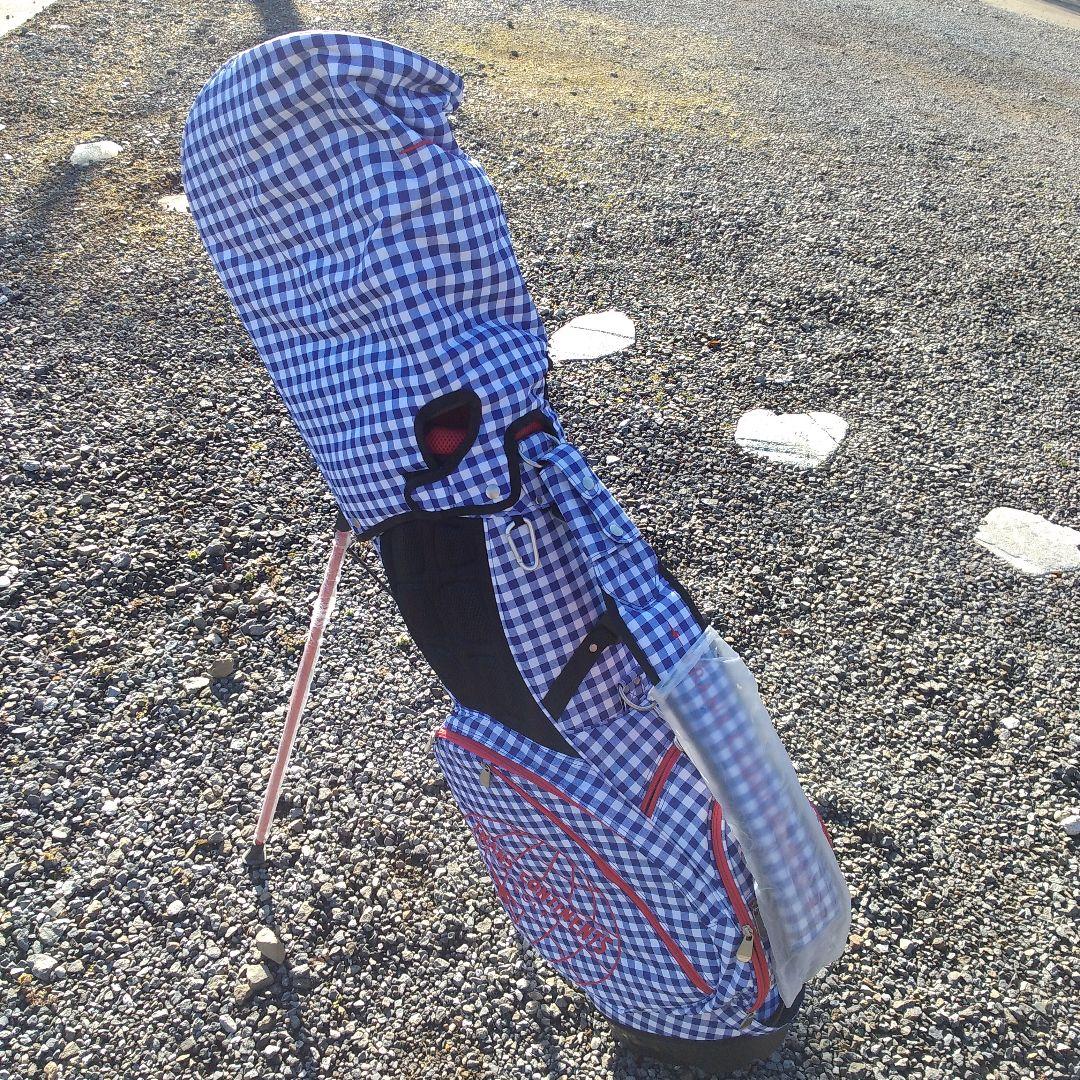 トランスコンチネンツ　キャディバッグ　スタンド式　チェック　青✕赤　中古