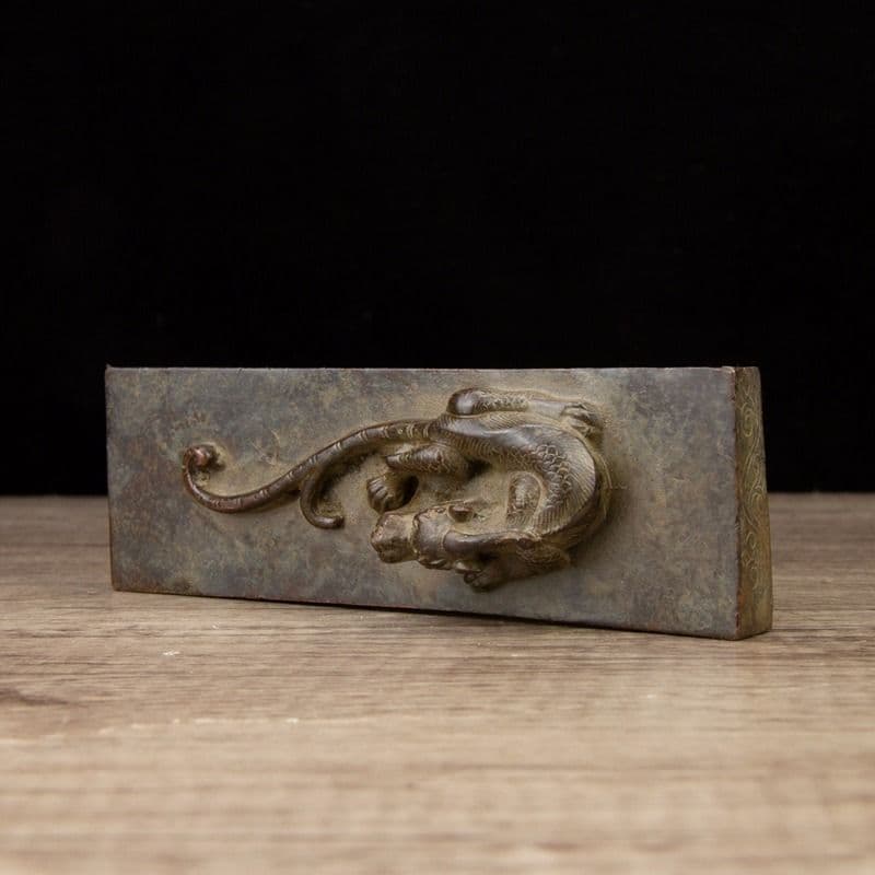 銅製 瑞獣双竜鎮尺 圧紙 文房四宝 書道具 装飾品 工芸品 置物