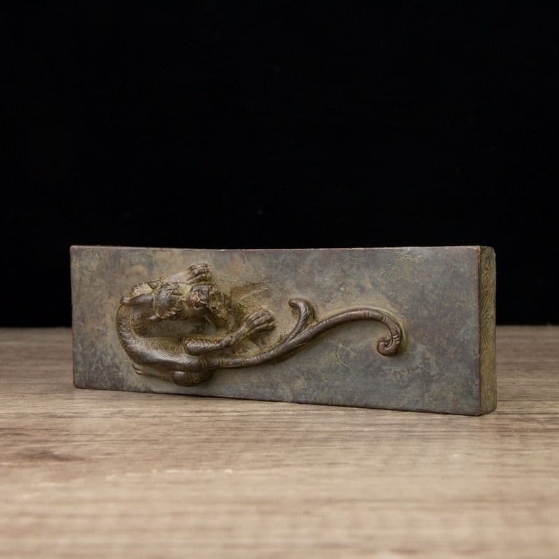 銅製 瑞獣双竜鎮尺 圧紙 文房四宝 書道具 装飾品 工芸品 置物