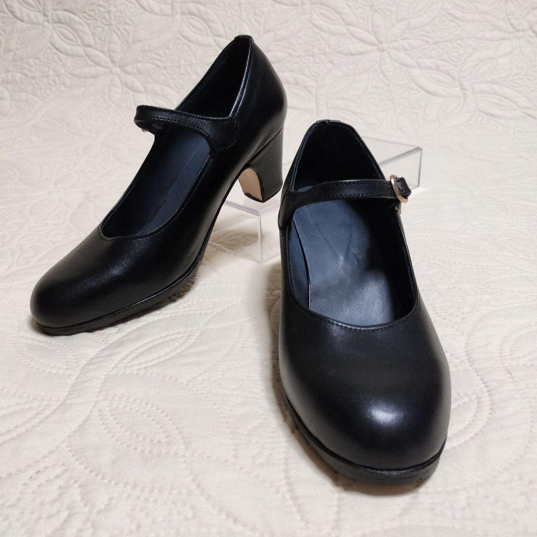 【新品未使用】 ブラック フラメンコシューズ ストラップ付き 本革