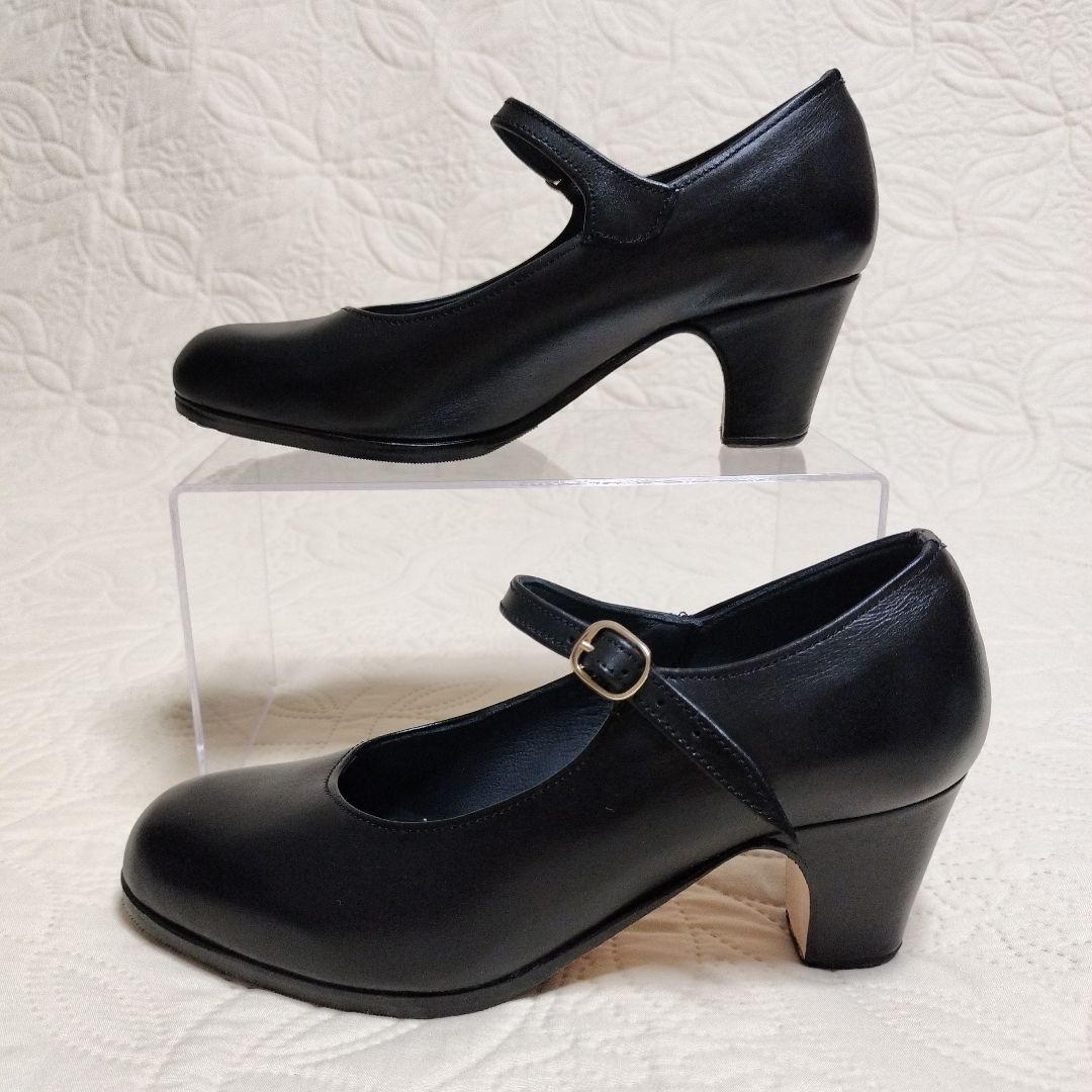 【新品未使用】 ブラック フラメンコシューズ ストラップ付き 本革