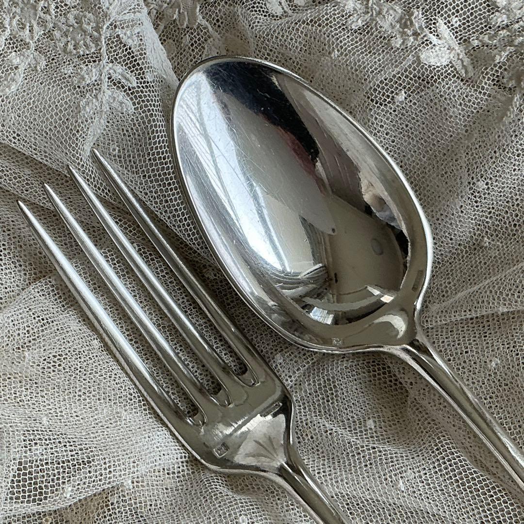 【C-４】フランスアンティーク　すずらん　スプーン＆フォーク　1組　モノグラム