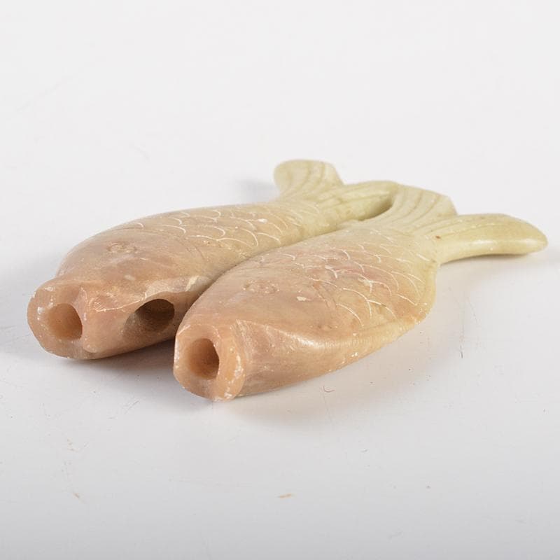 中国　玉石彫刻　双魚刻　神獣刻　根付　玉器　玉珮　2点　時代箱付　V　R7227