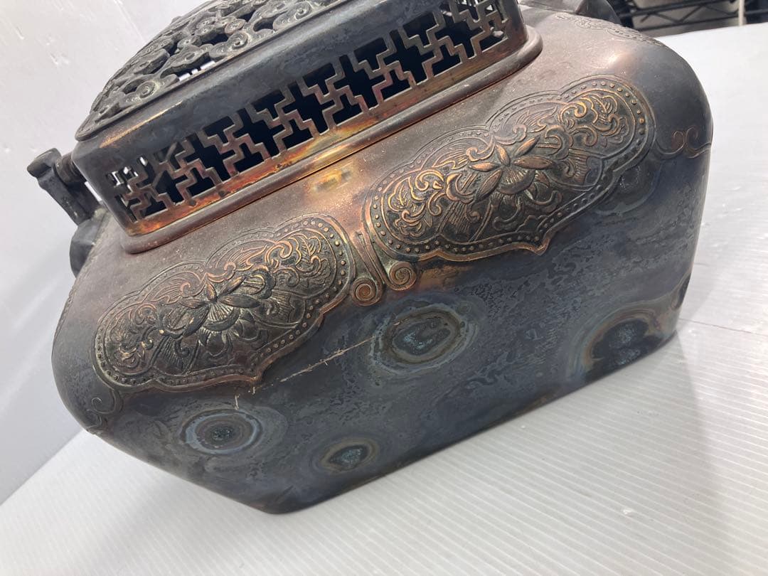 【5.8kg重厚】大明宣徳年製刻印 大型 銅製手炉 浮彫 透かし蓋 香炉 骨董品