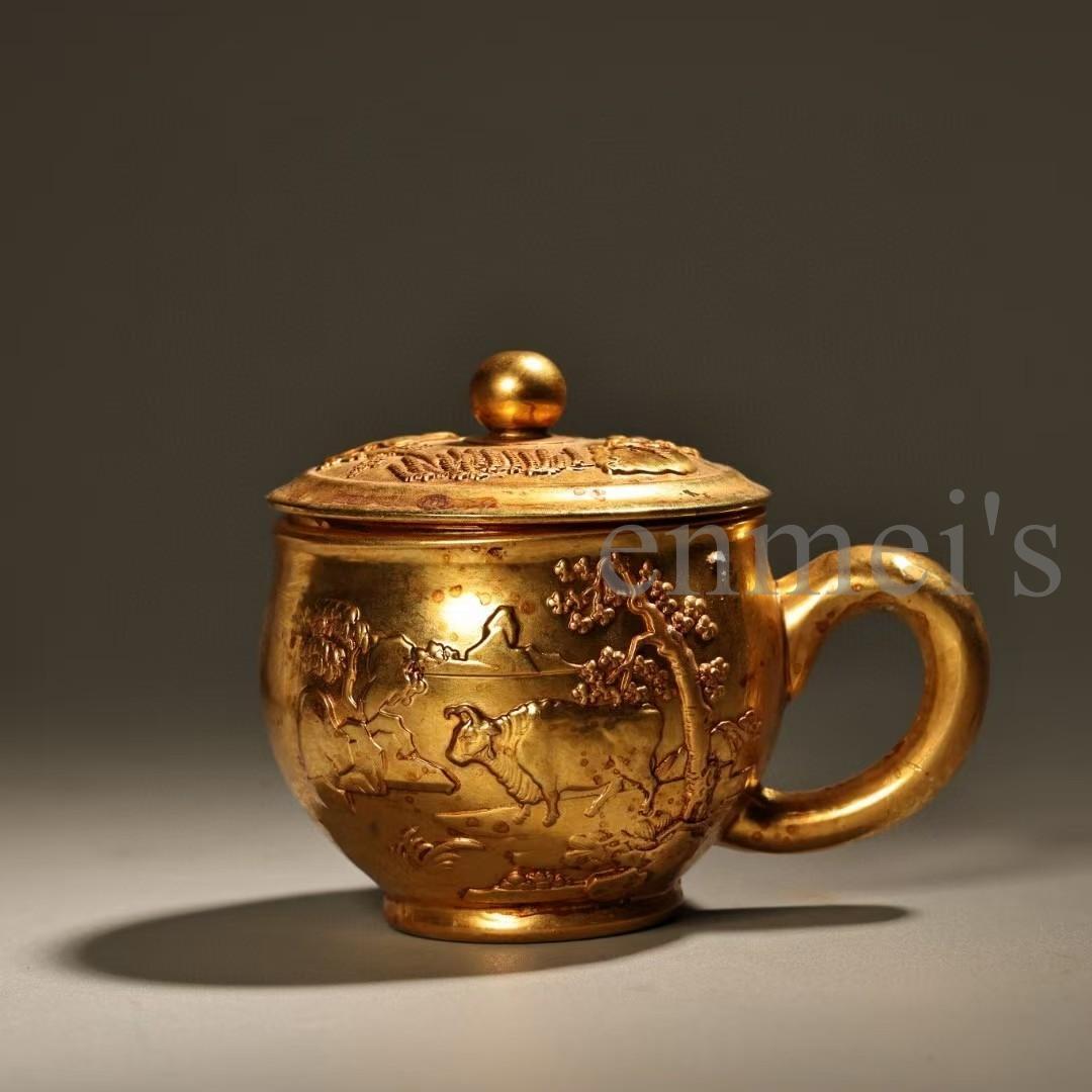 中国古美術・旧蔵純銅製・鎏金浮彫茶杯一対・細密彫・純手作り・高浮彫・置物・茶道具