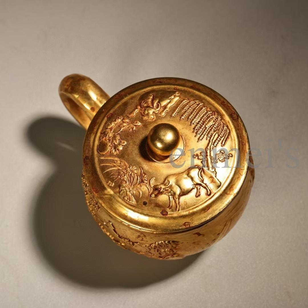 中国古美術・旧蔵純銅製・鎏金浮彫茶杯一対・細密彫・純手作り・高浮彫・置物・茶道具