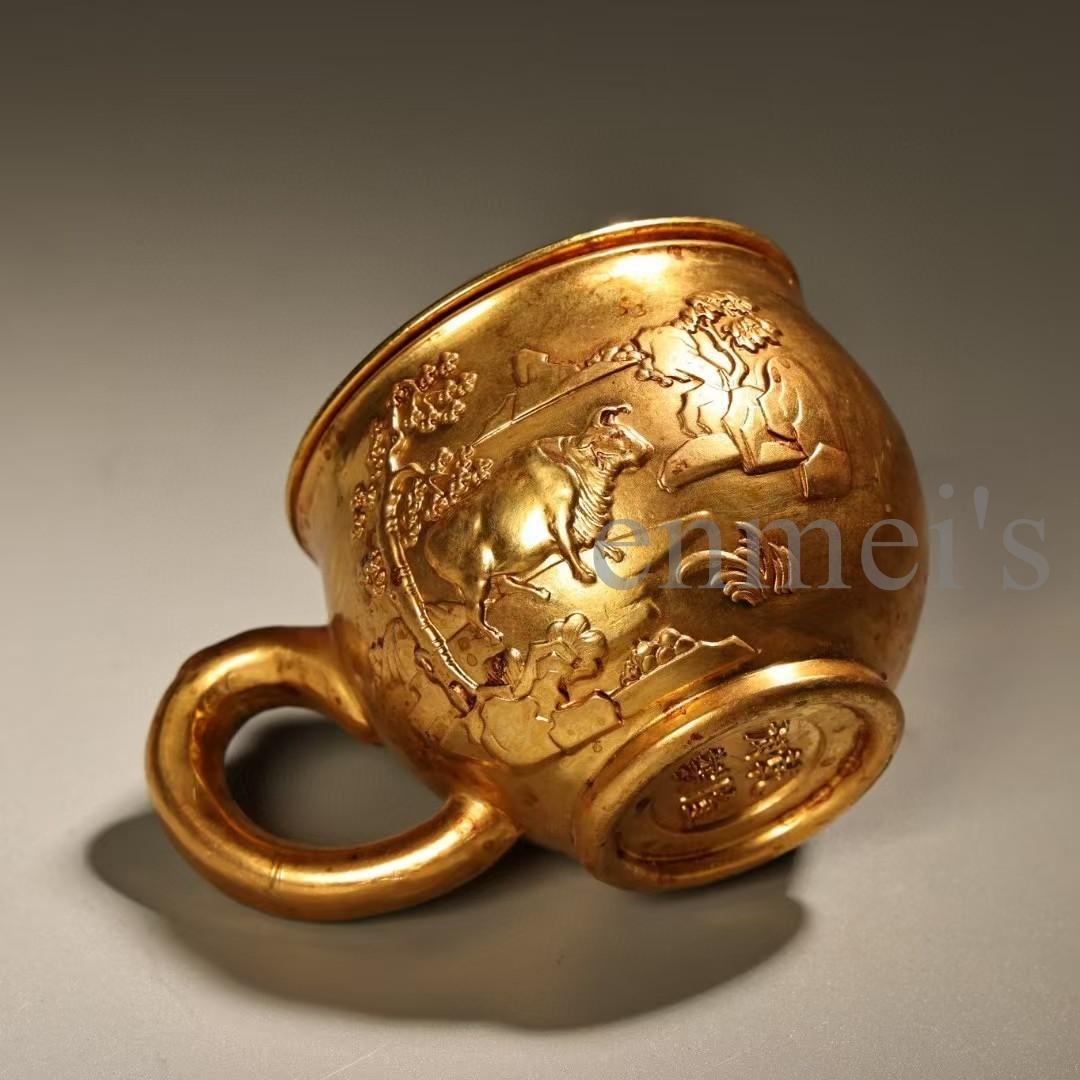中国古美術・旧蔵純銅製・鎏金浮彫茶杯一対・細密彫・純手作り・高浮彫・置物・茶道具