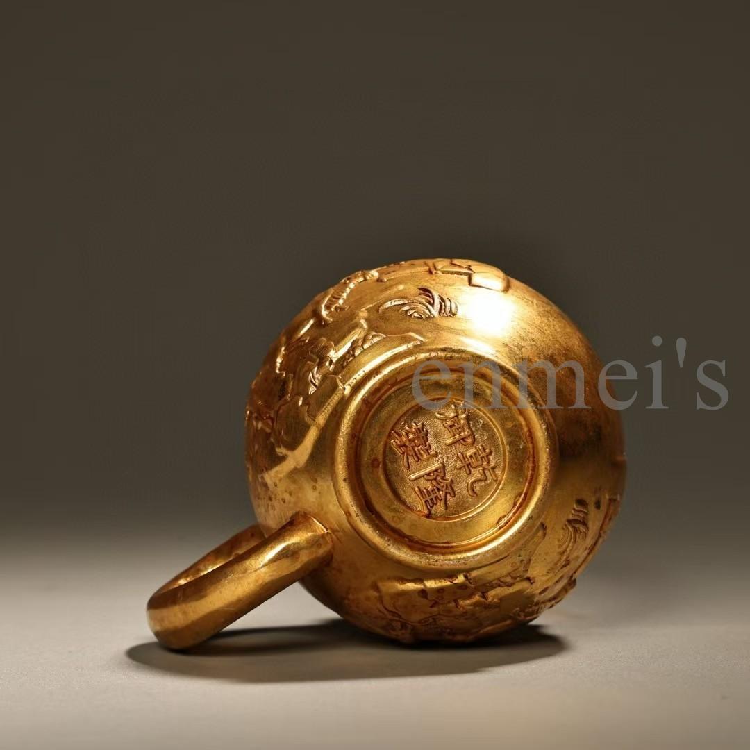 中国古美術・旧蔵純銅製・鎏金浮彫茶杯一対・細密彫・純手作り・高浮彫・置物・茶道具