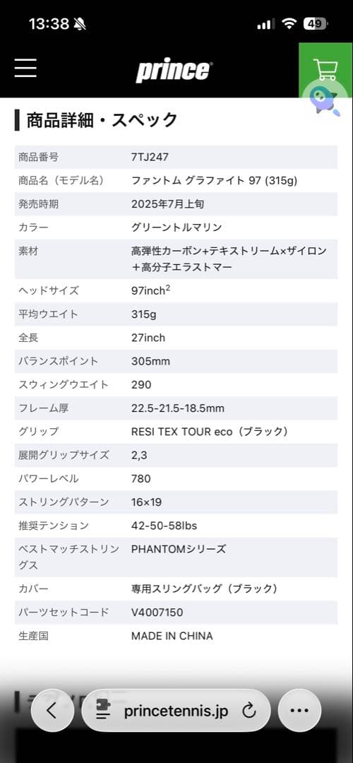 プリンス　ファントムグラファイト2025 97インチ315g