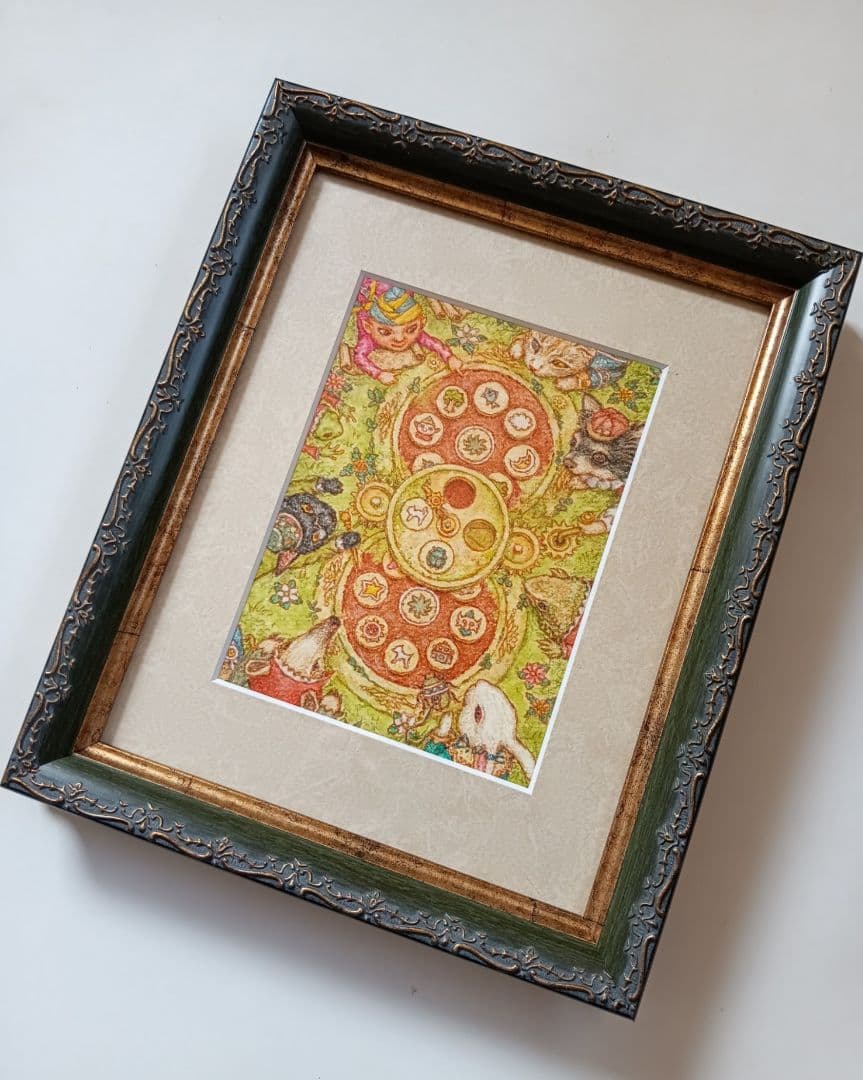 【原画】『丘の上のパズル②』パステル画　絵画　動物　チワワ　黒猫　ファンタジー