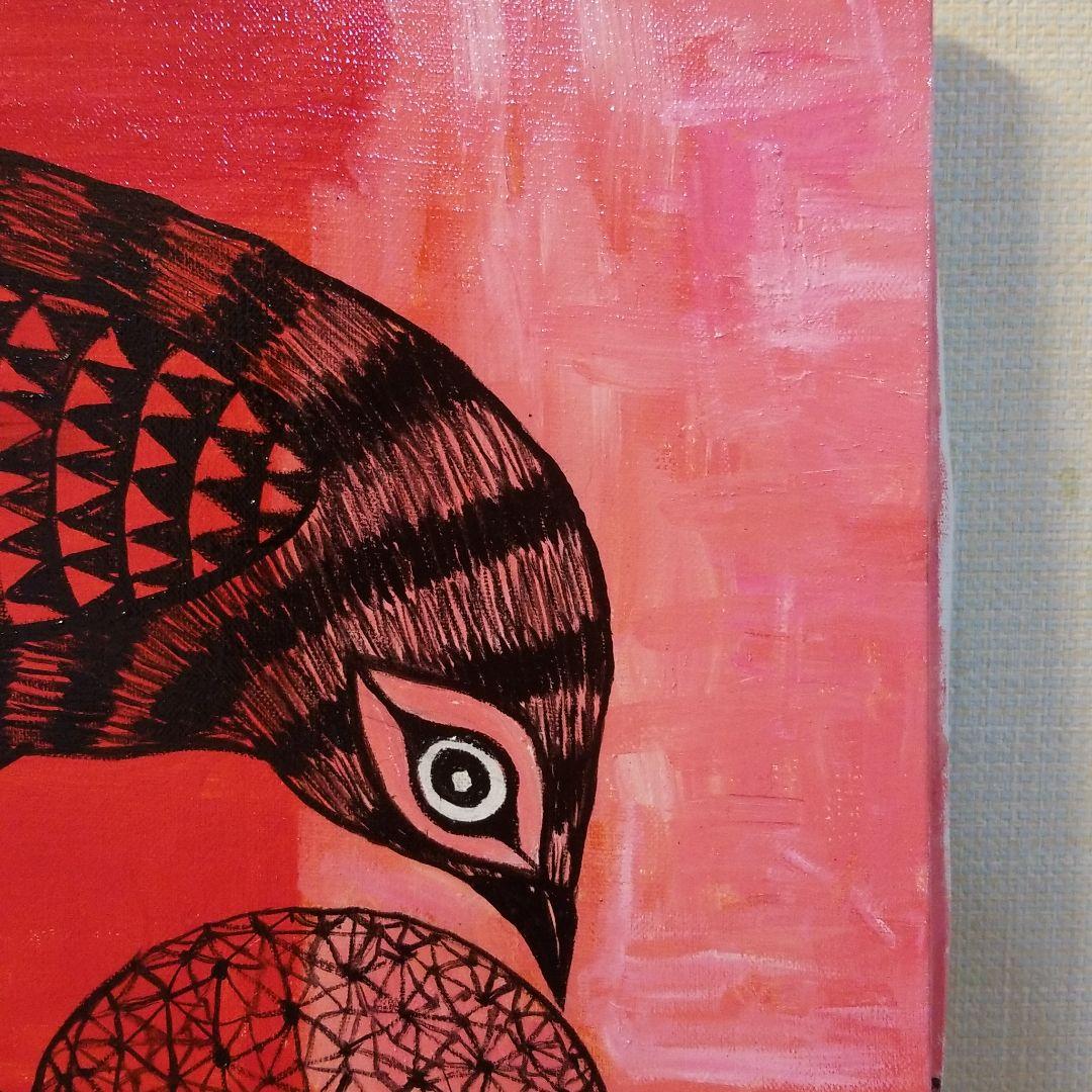 油絵　卵のふ化を見る鳥