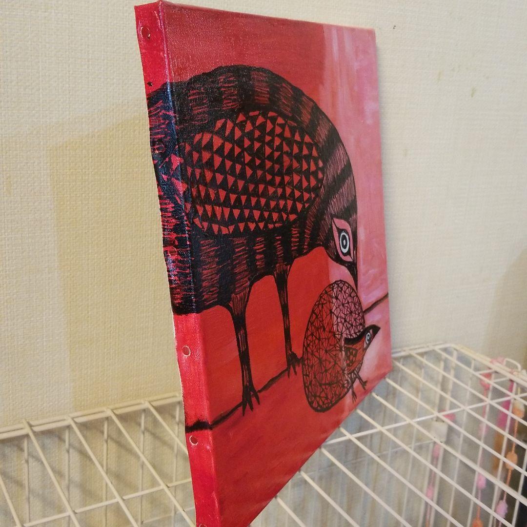 油絵　卵のふ化を見る鳥