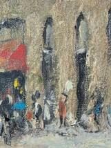【真作】絵画　油彩0号　賑わう街角　赤いテントのカフェ風景画　Y164