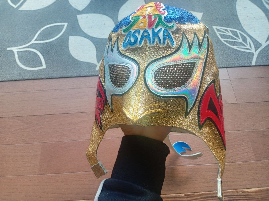 値下げ！スペルデルフィン大阪プロレスロゴサイン入り試合用マスク 金ラメ×青ラメ