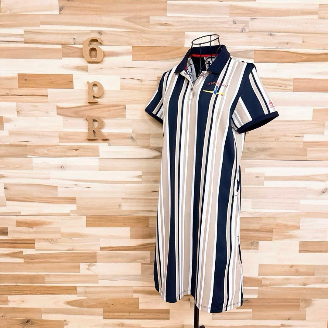 【マンシングウェア】ストライプ ポロシャツ ワンピース ゴルフ L ベージュ×紺