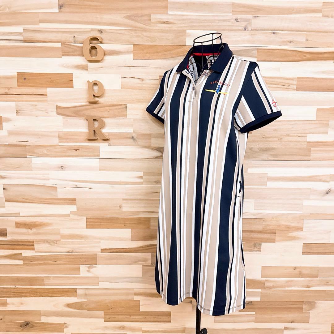 【マンシングウェア】ストライプ ポロシャツ ワンピース ゴルフ L ベージュ×紺