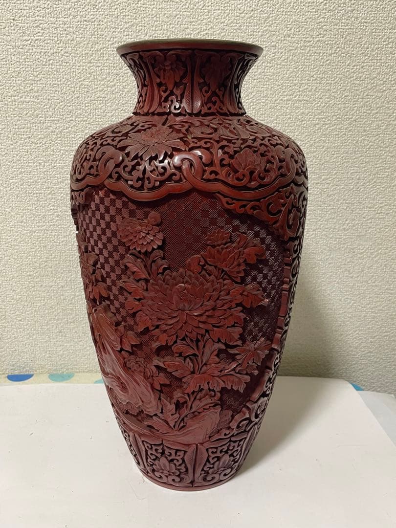 中国美術　堆朱　剔紅花瓶　美品アンティーク　高さ約39㎝