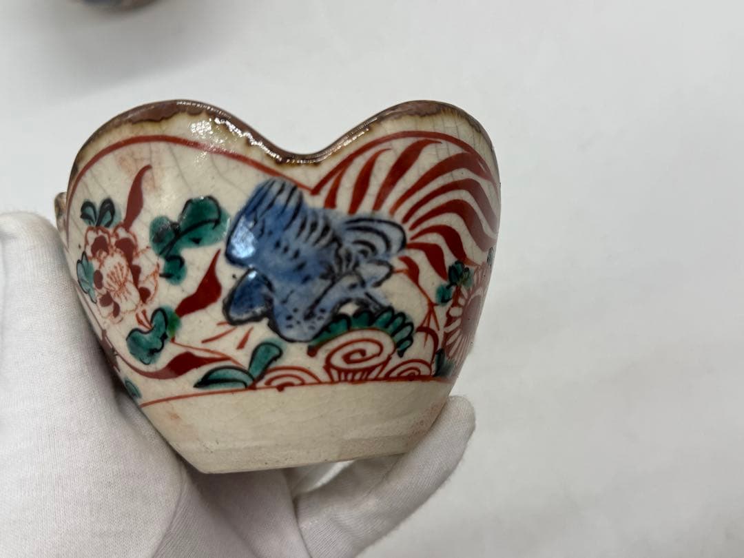 時代　赤絵花口鉢5点　春逸作　送料込み250611