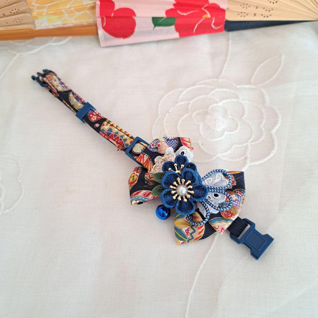 つまみ細工ダブルリボン(青)わんちゃん猫ちゃん用首輪