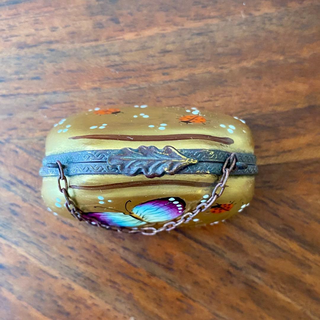 フランス製 ヴィンテージ リモージュボックス バッグ 蝶 てんとう虫 手描 金彩